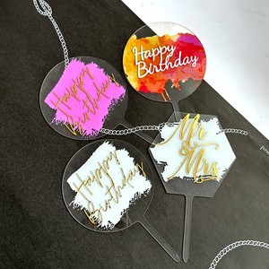 Ychon UV coloré impression main écriture Mr & <span class=keywords><strong>Mrs</strong></span> Transparent acrylique insérer carte mariage gâteau Toppers anniversaire gâteau décor - Product Image 1