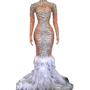 <span class=keywords><strong>Abito</strong></span> da sera elegante <span class=keywords><strong>con</strong></span> diamanti e <span class=keywords><strong>piume</strong></span> bianche, a sirena, a maniche lunghe, per l'estate - Product Image 1