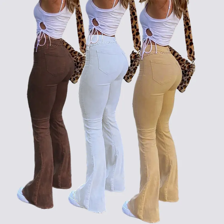 Factory custom women trousers brown black yellow white denim flare pants wholesale ladies high waist bell bottom jeans