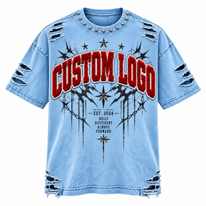 T-shirt en denim surdimensionné avec logo personnalisé, style punk, imprimé floqué déchiré, manches courtes, col rond, streetwear pour hommes - Product Image 1