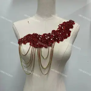 Handgefertigtes Hochzeitskleid Kristallstein Strass sexy rote Stickerei Motiv Körperkette Strass Körper Patch Applique