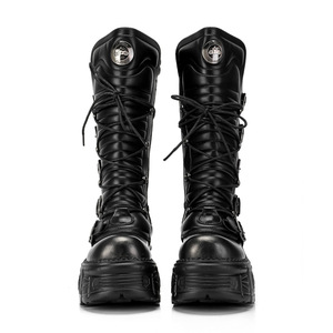 <b>Black</b> and Silver Distressed Dark Gothic Punk Metal Tank Thick-Soled Lace-Up Mid-Calf Boots for <b>Women</b> - Niche Design Aesthetic - Product Image 1