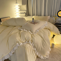 Parure de lit unie 4 pièces pour très grand lit, style coréen, en microfibre de polyester lavée, toutes saisons, avec taies d'oreiller et housse de couette