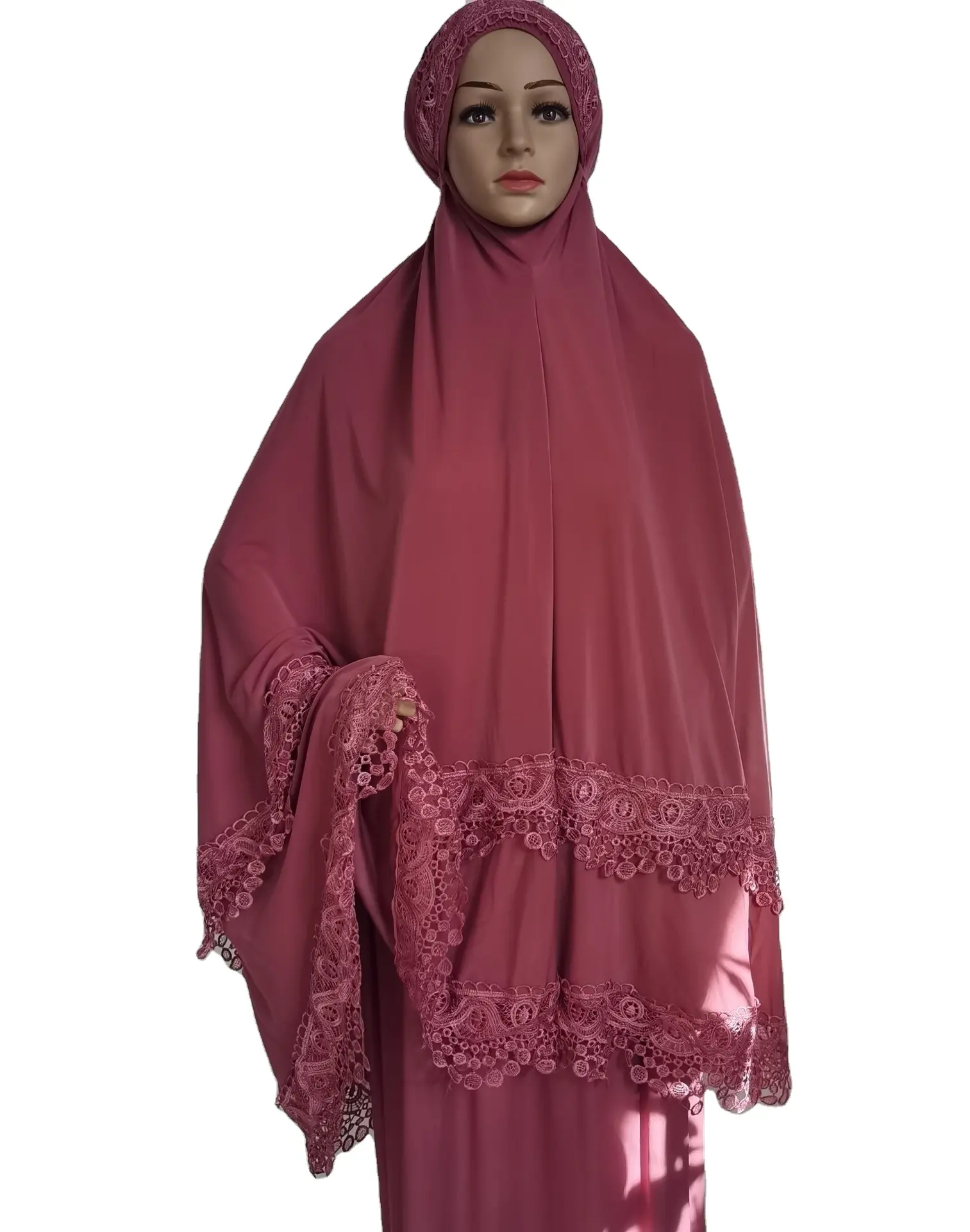 Freie Größe islamische Robe zweiteilig Set Jersey Stoff Gebets anzüge Spitze Stickerei Hijabb muslim Dame Abaya Kleid