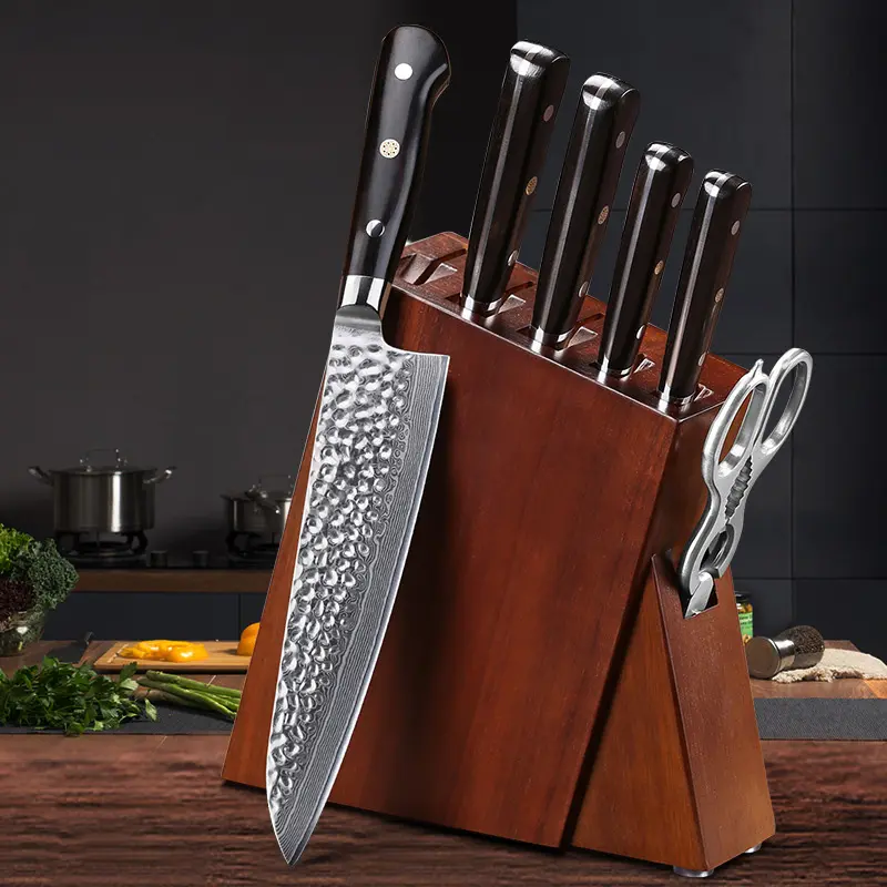 Hot Selling Professional Chef Knife Set With Wooden Base Damascus Kitchen Knife Set