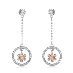 SCE422 Fashion elegance rose gold flower with CZ stone round 925 silver stud earrings drop earrings women jewelry