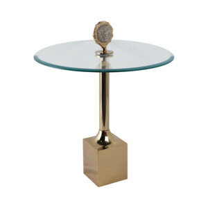 Tavolino Artistico in Vetro con Accento Geode, Base Dorata e Piano Rotondo per Piccoli Spazi - Product Image 2