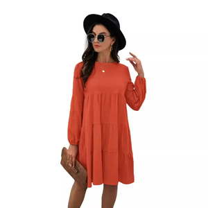 Nouvelle robe ample en coton et lin de couleur unie, col rond, manches lanternes, coupe ample, pour l'automne et l'hiver - Product Image 5