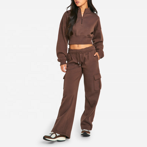 Hot Fashion Street Wear Sweatsuit Personalizar Fleece Terry 2 <span class=keywords><strong>piezas</strong></span> Set Mujeres 1/4 Zip Sudadera Pocket Jogger Chándal - Product Image 3