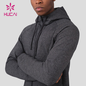 HUCAI OEM produttori di alta qualità nero Marl Zip attraverso gli uomini in pile logo personalizzato semplice sport Fitness Zip up felpe con cappuccio - Product Image 3