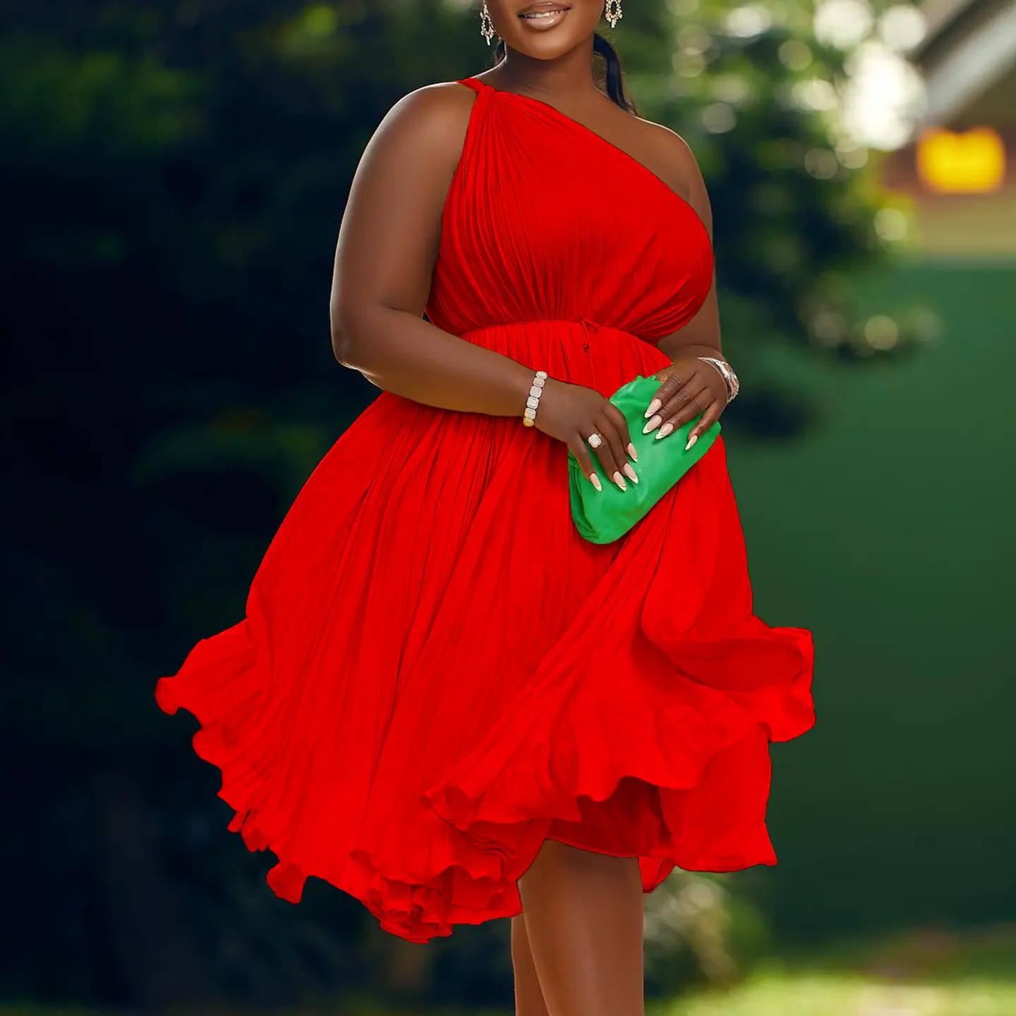 D3208 African Plus-size Women's 2023 Summer New Pressed Pleated Slanted Shoulder Hem Strappy Solid Color Dress