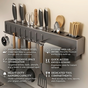 Porta Utensili da Cucina Multifunzionale <span class=keywords><strong>in</strong></span> <span class=keywords><strong>Acciaio</strong></span> al Carbonio, Supporto da Parete Senza Foratura per Coltelli e Organizer per Bacchette - Product Image 1