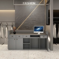 Comptoir de réception gris en acier inoxydable avec rangement pour magasins de vêtements, salons de beauté, espaces commerciaux - Design coréen moderne et minimaliste