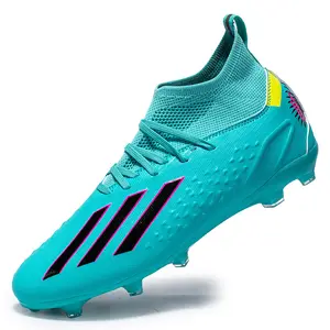 Crampons de football hauts respirants pour hommes, chaussures en cuir PU, semelle en caoutchouc, bottes de football pour jeunes, chaussures de football