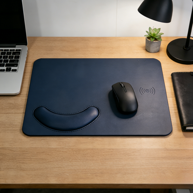 Comfortable PU Leather Desk Pad with Wrist Rest & Wireless Charging, Soft Office Desk Mat
