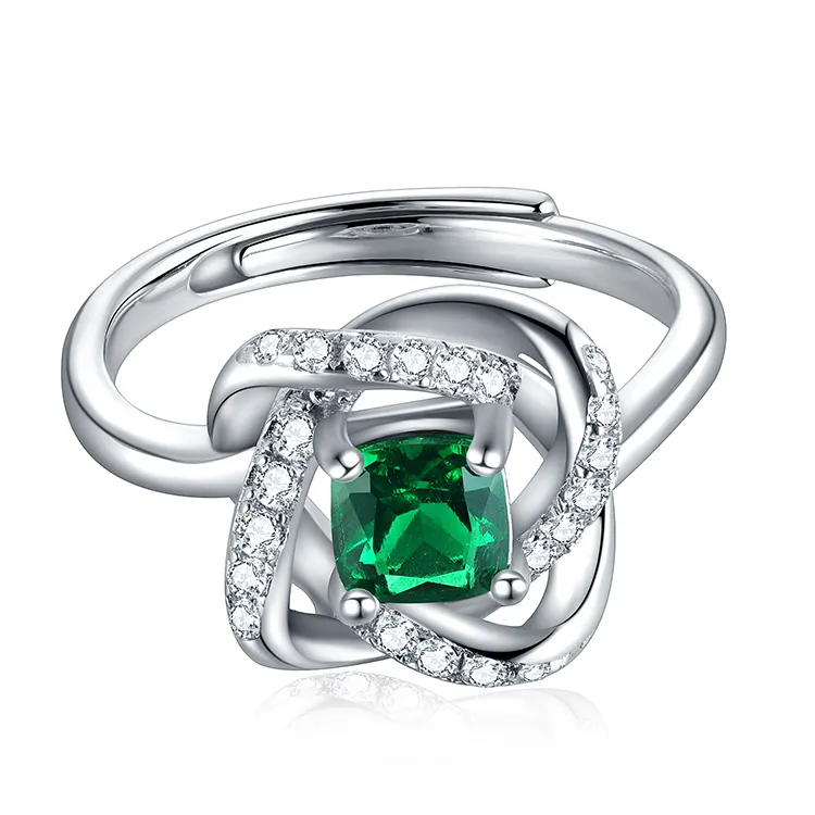 Lab Created Zambia Emerald Adjustable Casual Jewelry Shank Sterling Silver Ring For Women