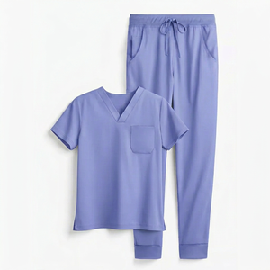 Women's V Neck <b>Scrub</b> Set Hospital Uniform Blue Polyester Woven Pants Top Set - Product Image 1