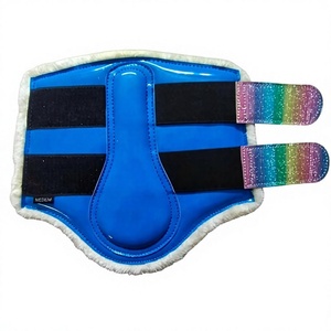 Botas de equitación de cuero sintético PU azul real premium con forro de lana suave, protección de tendones y correas de velcro con brillo iridiscente. - Product Image 1