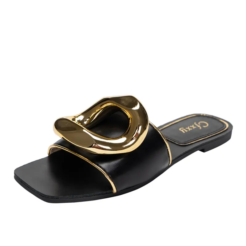 Sandalias planas con punta cuadrada y hebilla dorada para mujer, zapatos de exterior a la moda, sin cordones, para verano