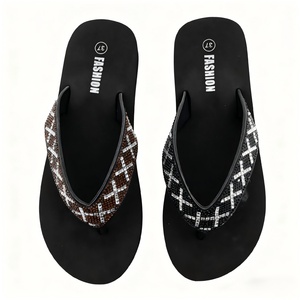 Womens Glamorous Black Wedge <b>Flip</b> <b>Flops</b> Wide Rhinestone Straps Silver Bronze Crystal Diamond Pattern Designs Spring Autumn - Product Image 3