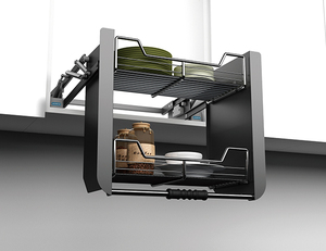 High Stability Dark Gray Steel 2-Tier <b>Wire</b> <b>Basket</b> 280mm Depth For Home Pull Down Shelf Upper Kitchen Wall Cabinet Storage <b>Basket</b> - Product Image 1