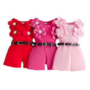 Ensemble 3 pièces pour filles de 0 à 3 <span class=keywords><strong>ans</strong></span>, haut sans manches en tricot tridimensionnel à fleurs, short et <span class=keywords><strong>ceinture</strong></span>, décontracté pour l'été - Product Image 1