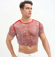 T-shirt court en résille orné de strass, manches courtes ajourées, transparent, pour homme