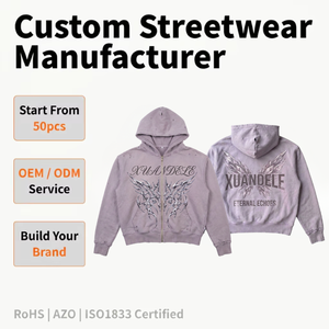 Sudadera con capucha morada de estilo hip hop urbano, con cremallera, efecto desgastado vintage, para hombre, con logotipo digital personalizado, al por mayor - Product Image 2