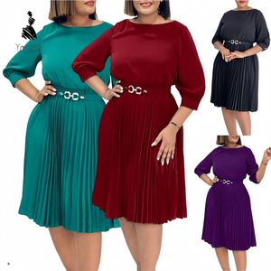 Robe de travail élégante pour femmes, col rond, manches trois quarts, plissée, style africain, été - Product Image 1