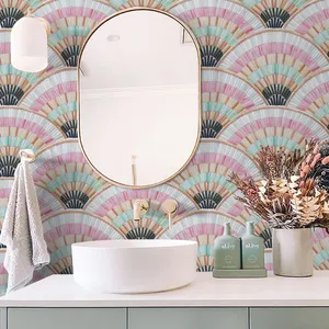 后挡板彩色风扇鱼鳞艺术粉色绿色墙面地板壁画浴室玻璃马赛克瓷砖