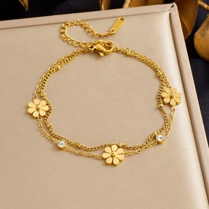 Fashionable Double Layer Daisy Pendant Bracelet Gold Plated Zinc Alloy Bezel Setting Gift Jewelry - Product Image 1