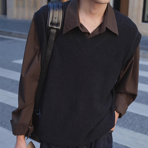 Lvlaea ठोस रंग पुरुषों वसंत शरद ऋतु के बाहरी स्वेटर बनियान आस्तीन रहित v-गर्दन ट्रेंडी पुरानी मुद्रा शैली पुरुषों के लिए रिबाल्ड बनियान - Product Image 1