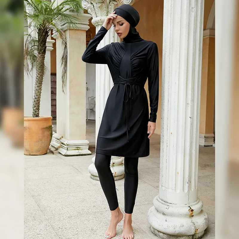 2022 Burkinis Alle Zwarte Bescheiden Badmode Moslim 3 Stuks Hijab Volledige Cover Badpak Voor Ialamic Vrouwen