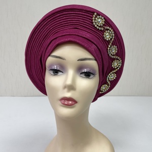 MH-1249-<span class=keywords><strong>F</strong></span> Auto Gele Aso Oke, foulard africain orné de strass, bonnet Gele pour femmes musulmanes, hijab, turban pour la plage, la pêche, adultes - Product Image 3