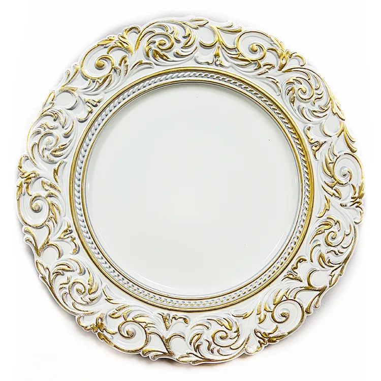 Beautiful 13 inch White Unique Wedding Decorative Plastic Serving Under Charger Plates With Golden Pattern