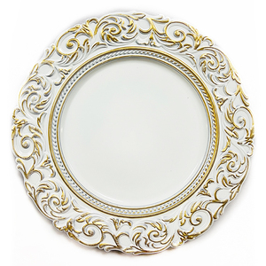 <span class=keywords><strong>Belles</strong></span> <span class=keywords><strong>assiettes</strong></span> décoratives en plastique de service sous le chargeur de mariage unique blanc de 13 pouces avec motif doré - Product Image 1