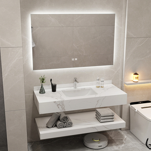 Tocador de Baño <span class=keywords><strong>con</strong></span> Lavabo de Mármol y Gabinete de Losa de <span class=keywords><strong>Roca</strong></span>, Lavamanos de Cerámica <span class=keywords><strong>con</strong></span> LED Inteligente y Encimera de Mármol para el Hogar - Product Image 4