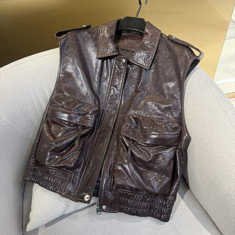 531 Winter Fashion New Oil Wax Sheepskin Workwear Style Three-dimensional Large Pocket Casual Sleeveless Vest Jacket