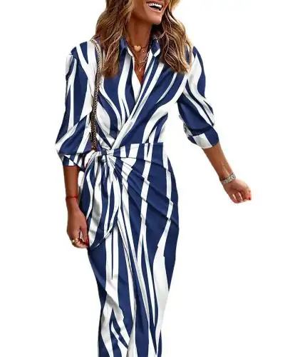 irregular mid-long style printed geometric long sleeve women casual dress 775718