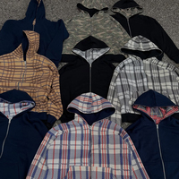 Sweat-shirt réversible à capuche zippé en maille gaufrée pour homme, coupe oversize et carrée, motifs camouflage et à carreaux, coloris noir, vente en gros OEM