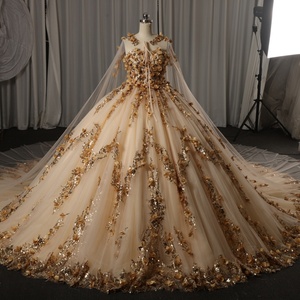 Hmy20 Robe de soirée exquise style robe de bal couleur champagne, richement ornée de paillettes dorées et d'appliques florales 3D, avec traîne cathédrale Jancemebr - Product Image 6