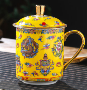 8 tazas y tazas auspiciosas de cerámica para el budismo Tíbet con calcomanía modelada después de una antigüedad con porcelana dorada para agua y té - Product Image 6