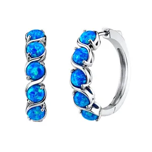 Bán buôn 925 Sterling bạc thời trang đồ trang sức vòng cắt sáng bóng màu xanh Opal clip trên Hoop Bông tai cho phụ nữ bên và sử dụng hàng ngày
