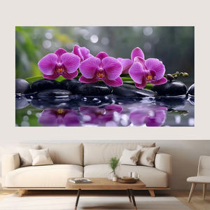 Toile murale d'art moderne personnalisée en gros, pierre noire avec fleur violette, <span class=keywords><strong>grand</strong></span> <span class=keywords><strong>format</strong></span>, décorations de <span class=keywords><strong>salon</strong></span> - Product Image 1