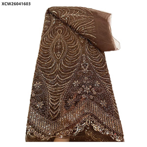 Tessuto di pizzo di Tulle con strass di cristallo con ricamo di paillettes con perline di lusso in oro - Product Image 3