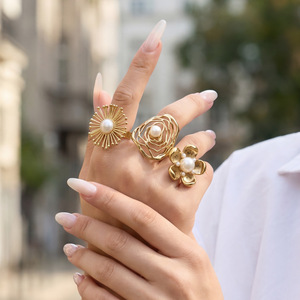 Ladies' Stainless Steel Gold-Plated Sunflower <b>Open</b> <b>Ring</b> With Shell Pearl Simple & Exquisite European-American Style - Product Image 4