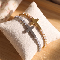 Bracelet tennis croix en acier inoxydable plaqué or 18 carats avec strass en verre, chaîne latérale, vente en gros