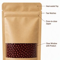 Sachet autoportant en kraft avec fenêtre, fond plat, refermable à fermeture éclair, à découpe en U, finition mate, pour emballage alimentaire et produits secs