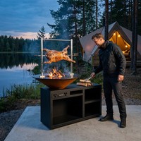 Barbecue rond en acier Corten, brasero, plancha, foyer extérieur, pour cuisson au charbon et au bois, finition rouille marron