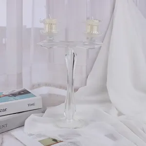 Gran oferta, candelabros de cristal transparente modernos de 2 brazos para portavelas de mesa de boda